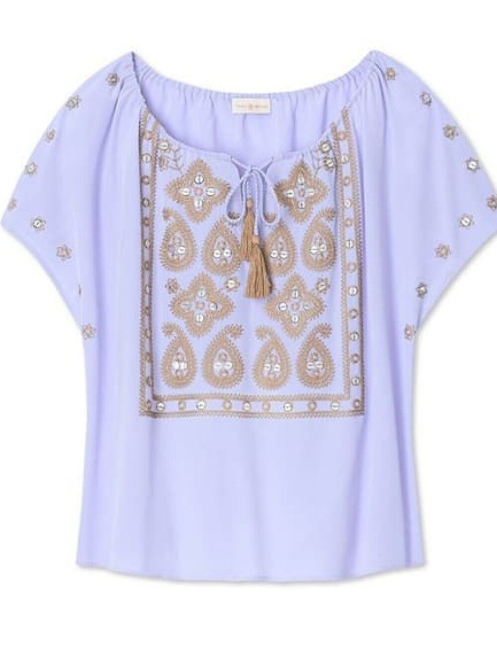 Tory Burch Lilac Silk Peasant Top with Gold Embroidery & Tassels ** Size 12
